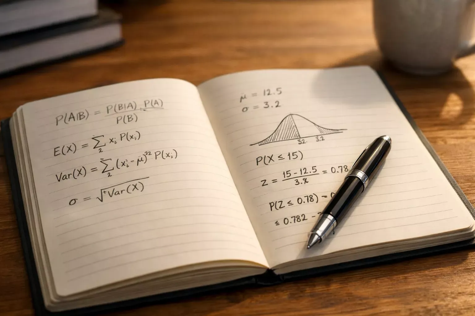 Cuaderno abierto con fórmulas matemáticas escritas a mano junto a un bolígrafo