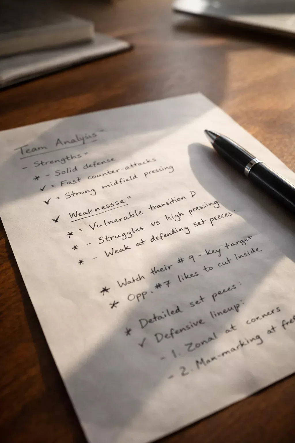 Escritorio de trabajo con notas manuscritas y un bolígrafo sobre estadísticas deportivas