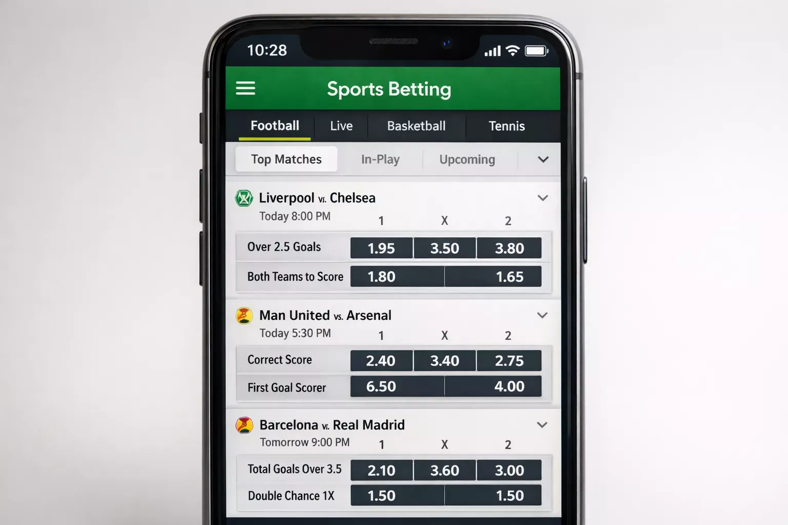 Smartphone mostrando una aplicación de apuestas deportivas con interfaz clara