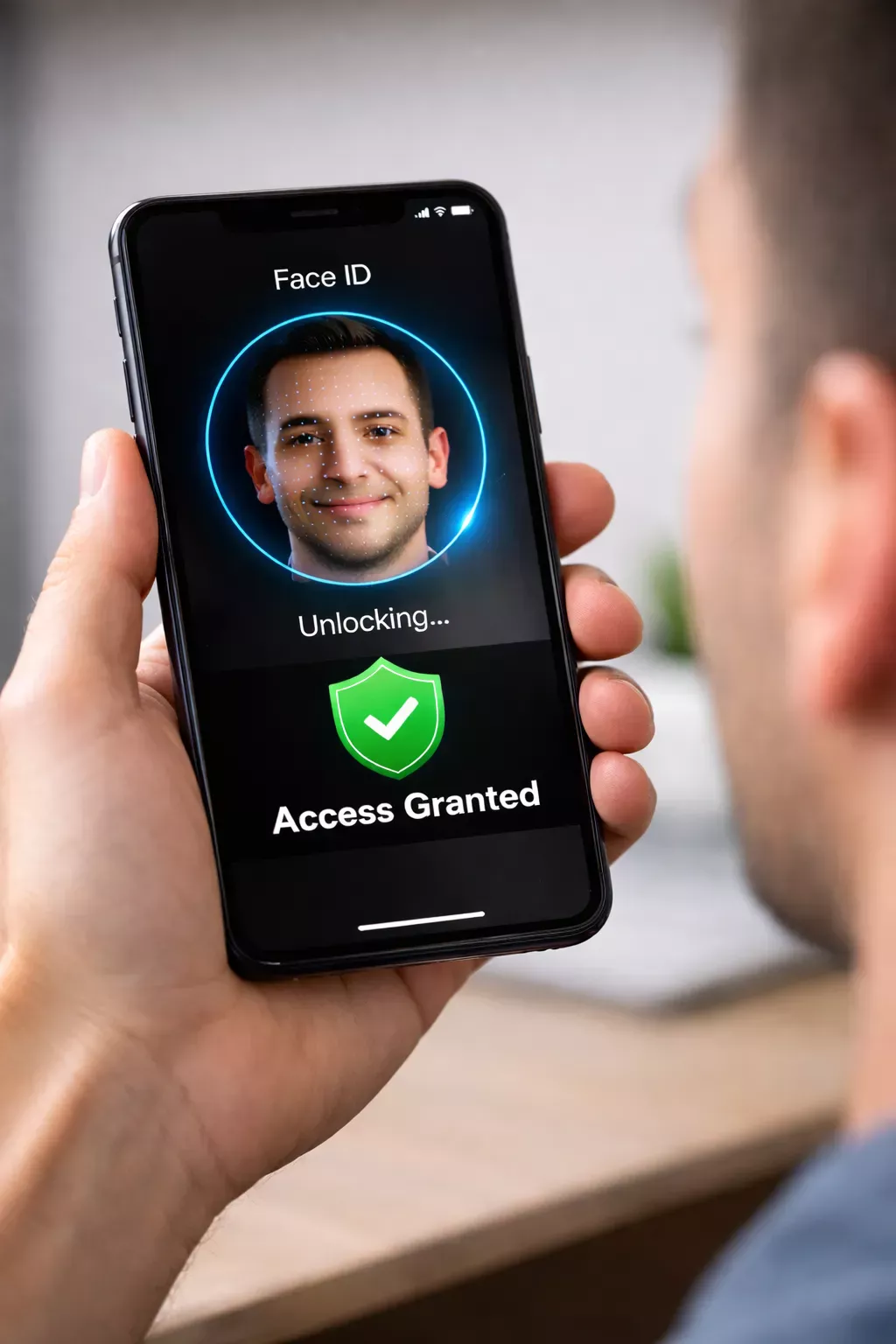 Persona usando autenticación biométrica en un smartphone para acceder a una app