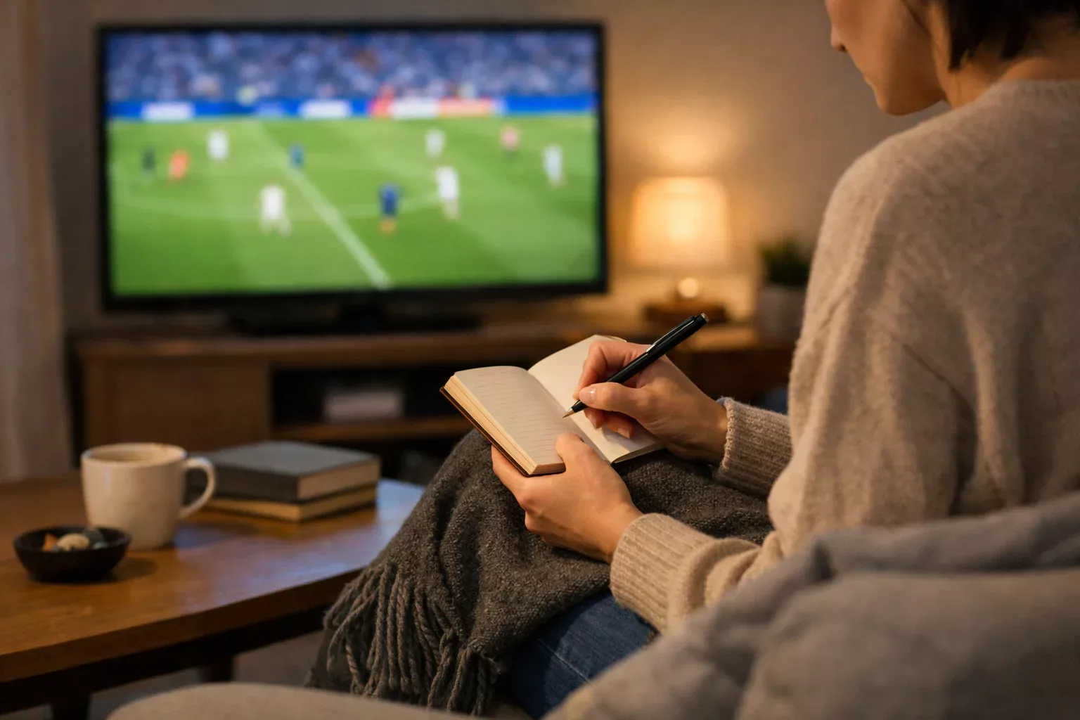 Persona tomando notas mientras observa un partido de fútbol en televisión