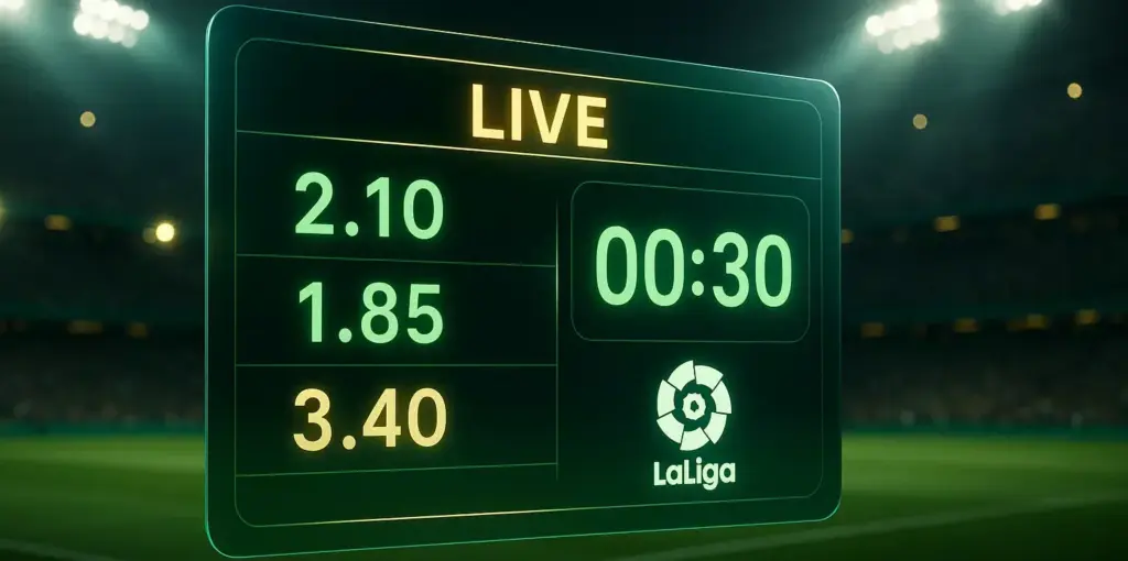 Apuestas en vivo en La Liga con cuotas cambiantes y estadio de fútbol iluminado