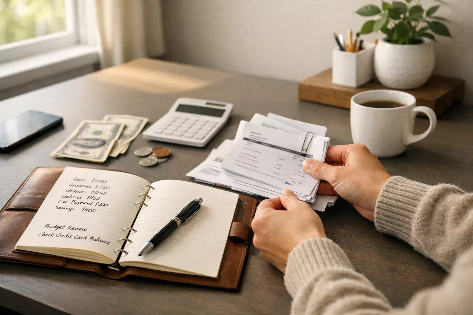 Persona organizando sus finanzas personales con documentos y una libreta