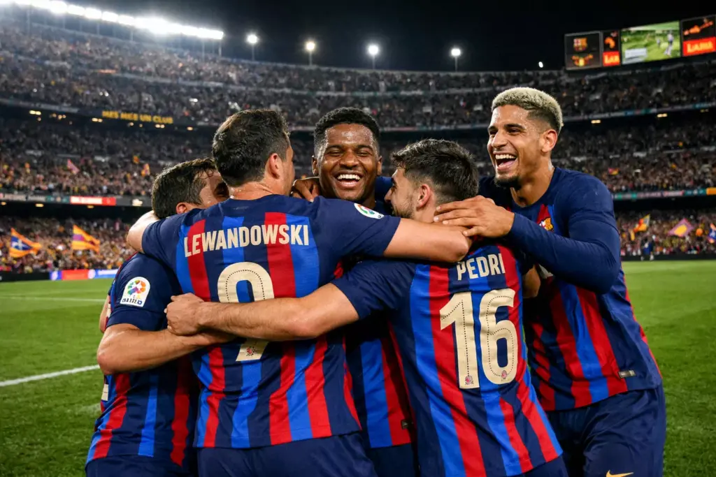 Jugadores del FC Barcelona celebrando en el Camp Nou
