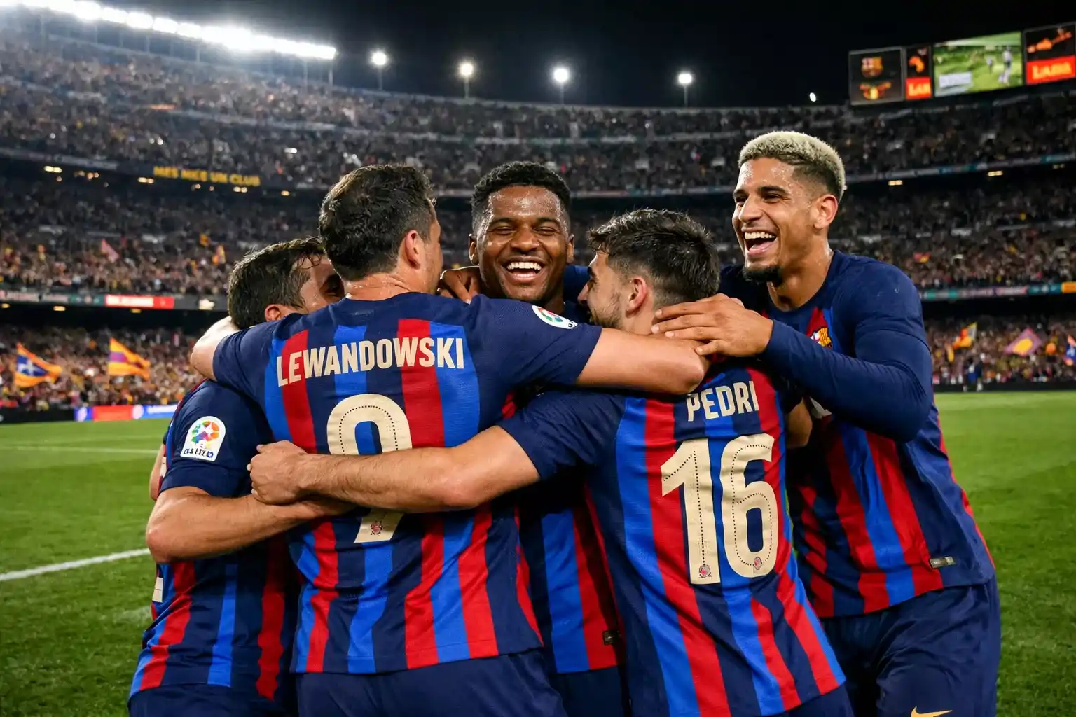 Jugadores del FC Barcelona celebrando en el Camp Nou