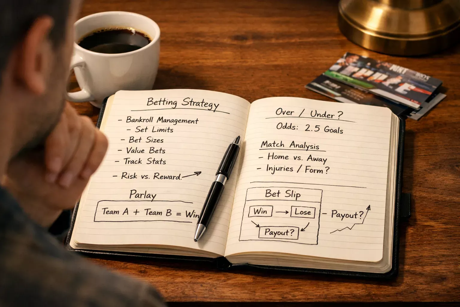 Persona planificando estrategia de apuestas con notas en un cuaderno
