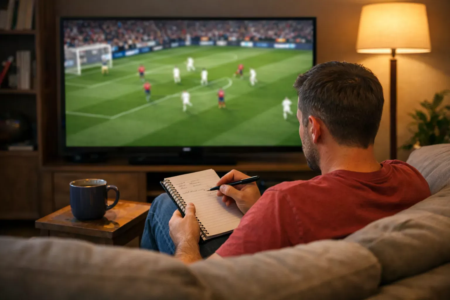 Aficionado viendo un partido de fútbol en televisión tomando notas