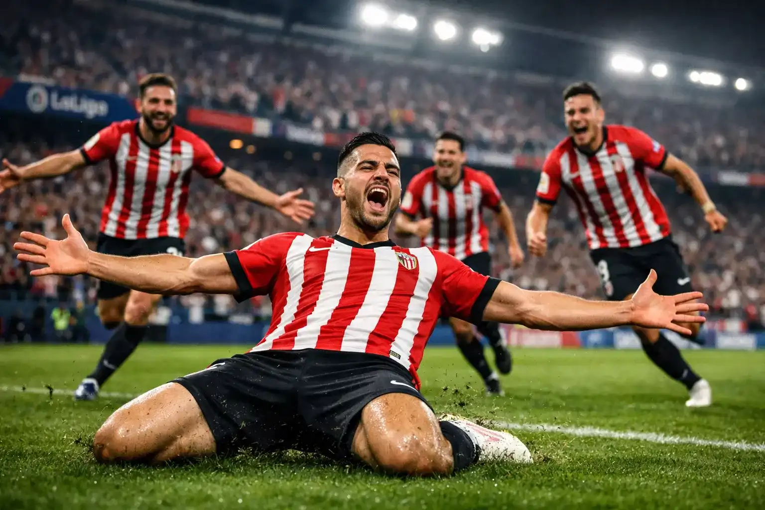 Celebración de gol en un partido de fútbol de La Liga