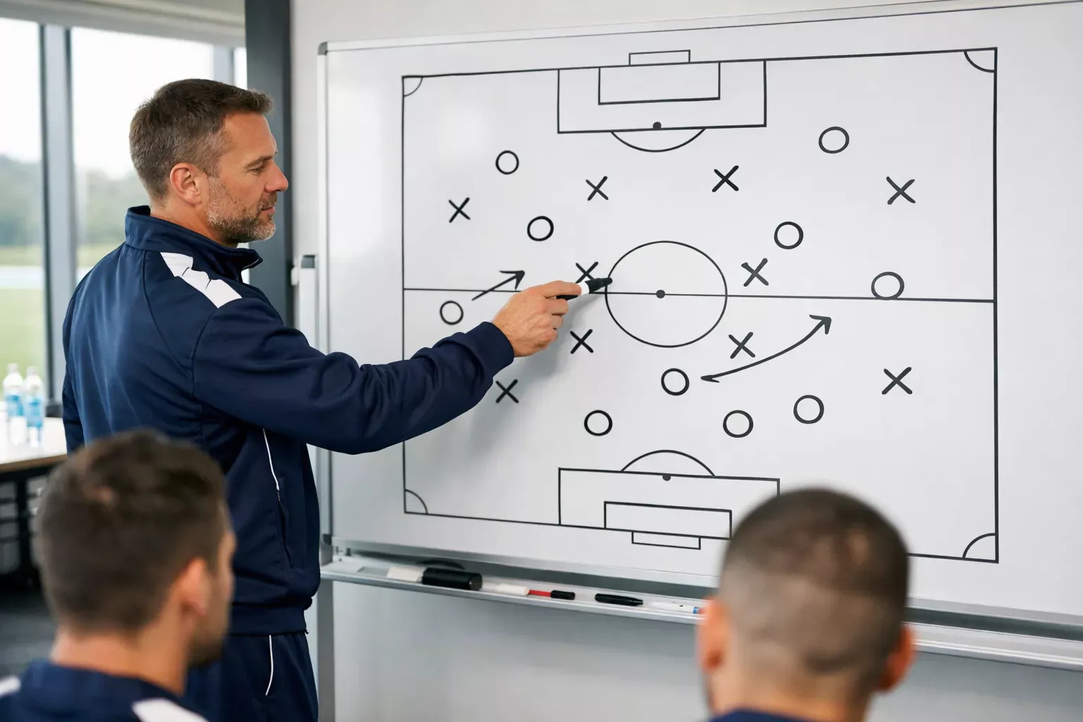 Entrenador de fútbol analizando tácticas en una pizarra