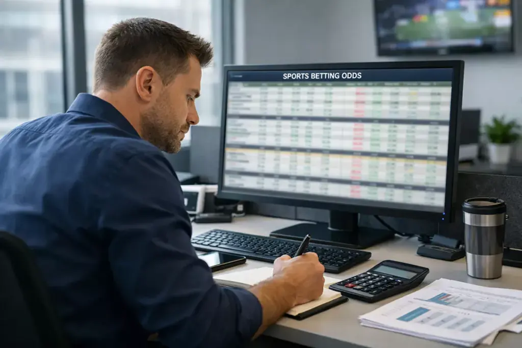 Analista trabajando con hojas de cálculo y datos de apuestas en un ordenador