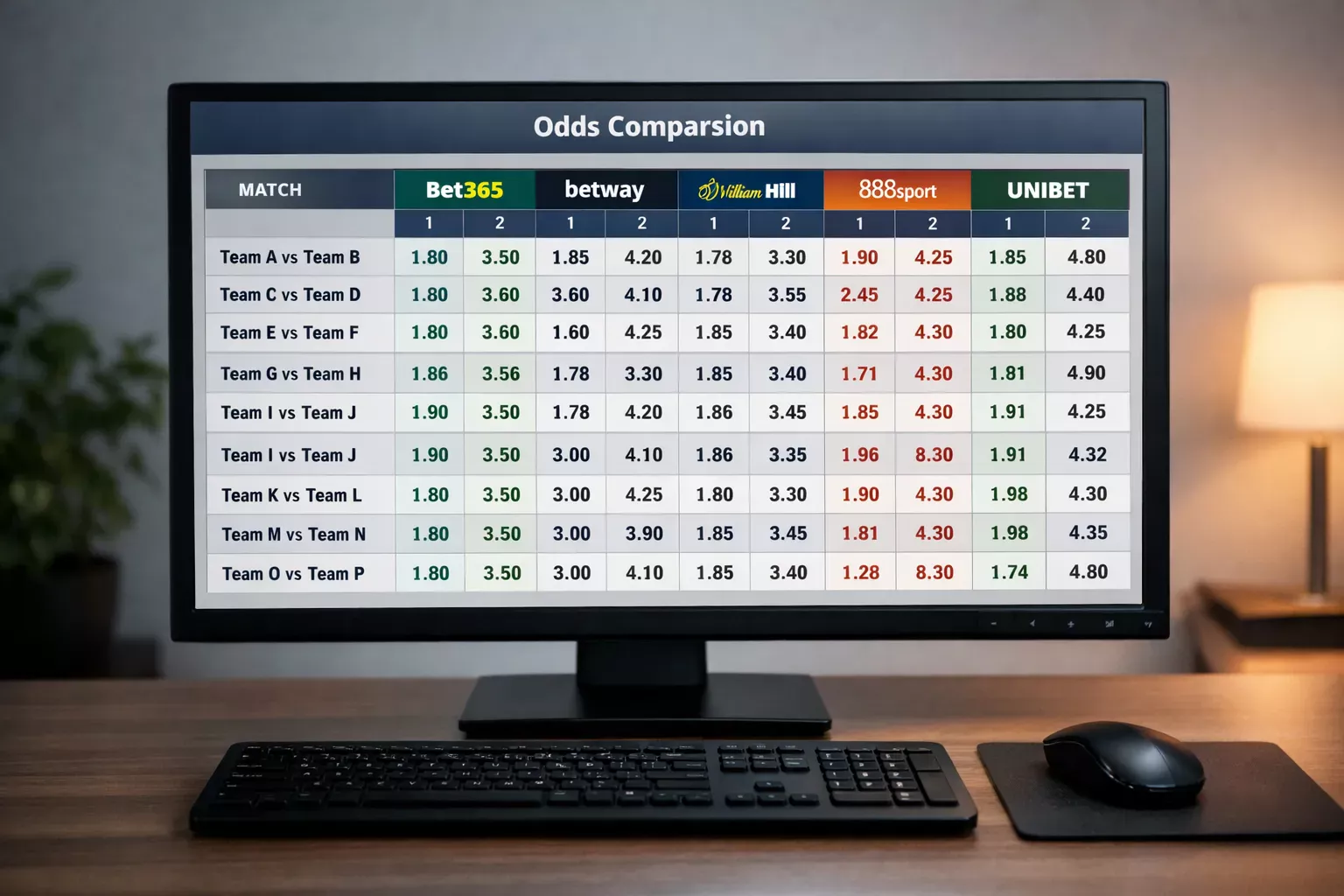 Pantalla de ordenador mostrando comparación de cuotas de diferentes casas de apuestas