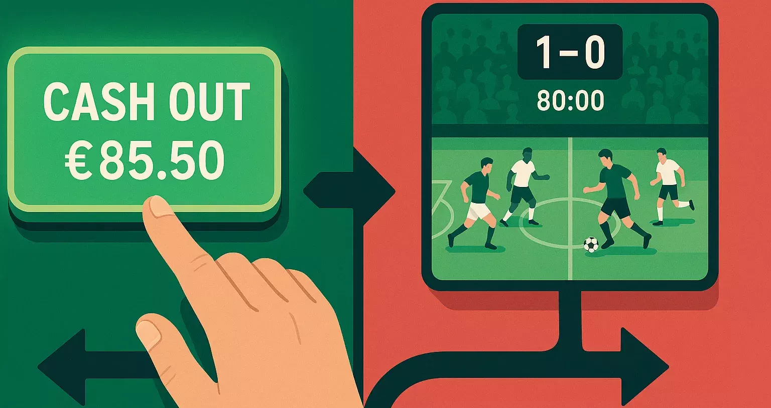 Decisión de cash out en apuestas en vivo con botón verde y marcador del partido