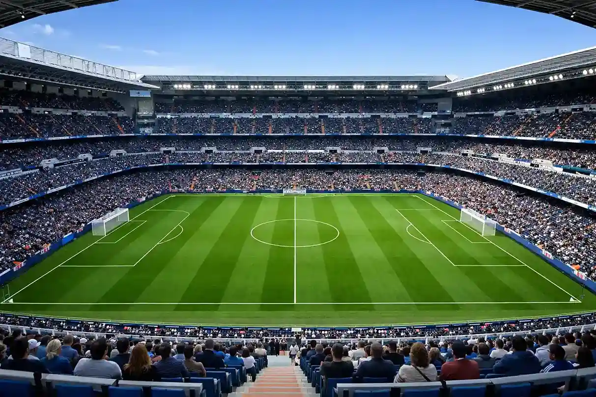 Estadio de fútbol profesional visto desde las gradas con el campo iluminado