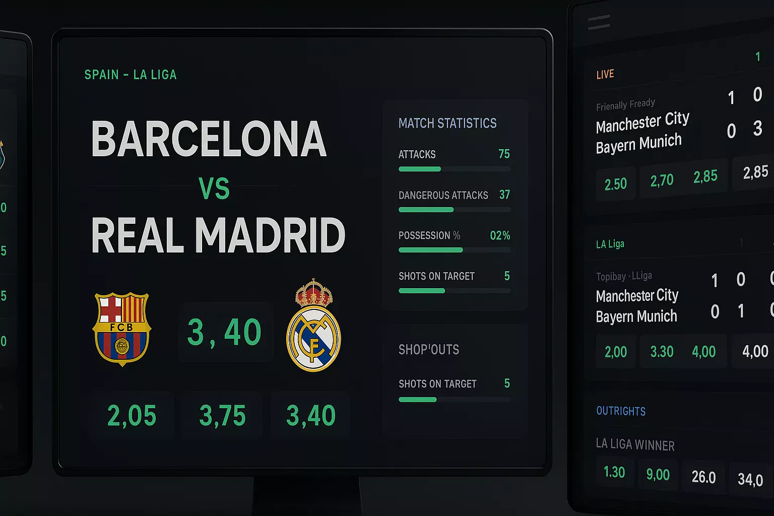 Dashboard profesional de apuestas deportivas mostrando cuotas de La Liga
