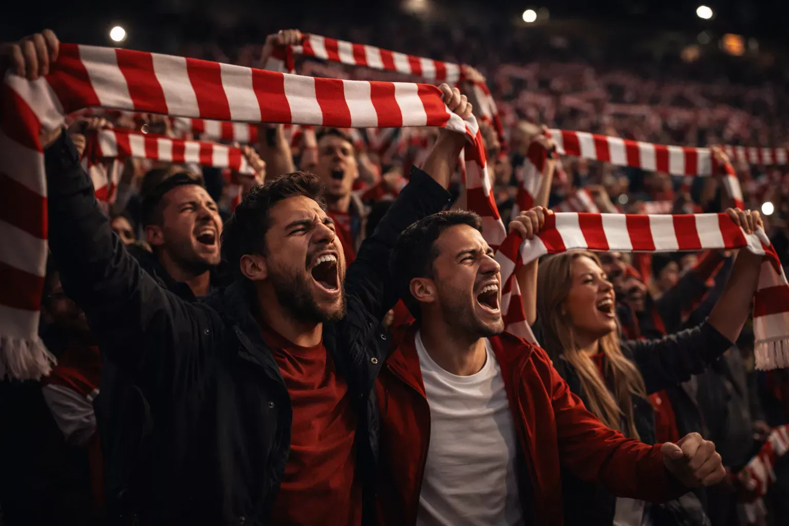 Aficionados del Atlético de Madrid animando con bufandas rojiblancas en las gradas