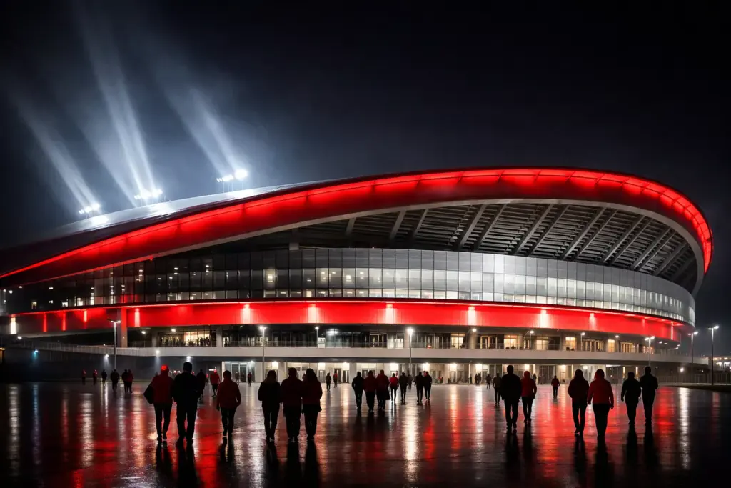 Vista del estadio Metropolitano del Atlético de Madrid iluminado de noche
