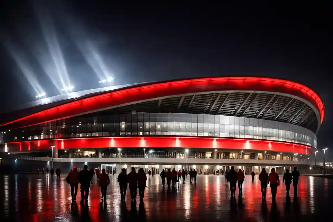 Vista del estadio Metropolitano del Atlético de Madrid iluminado de noche