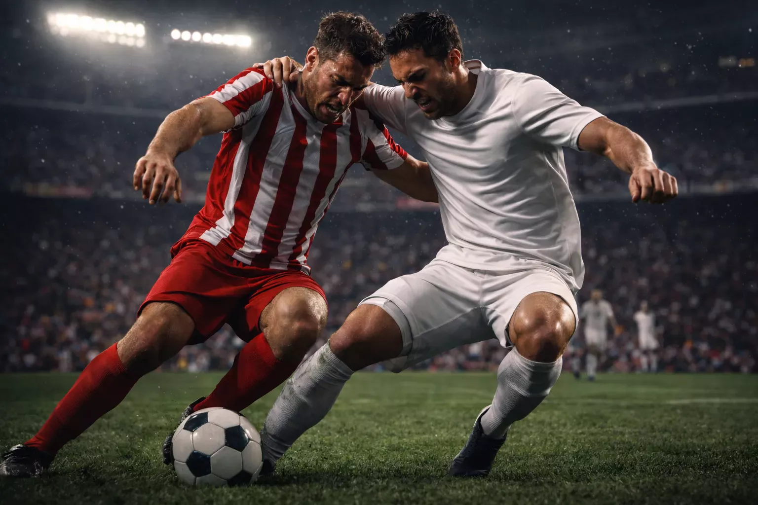 Jugadores de fútbol disputando un balón dividido en un partido intenso