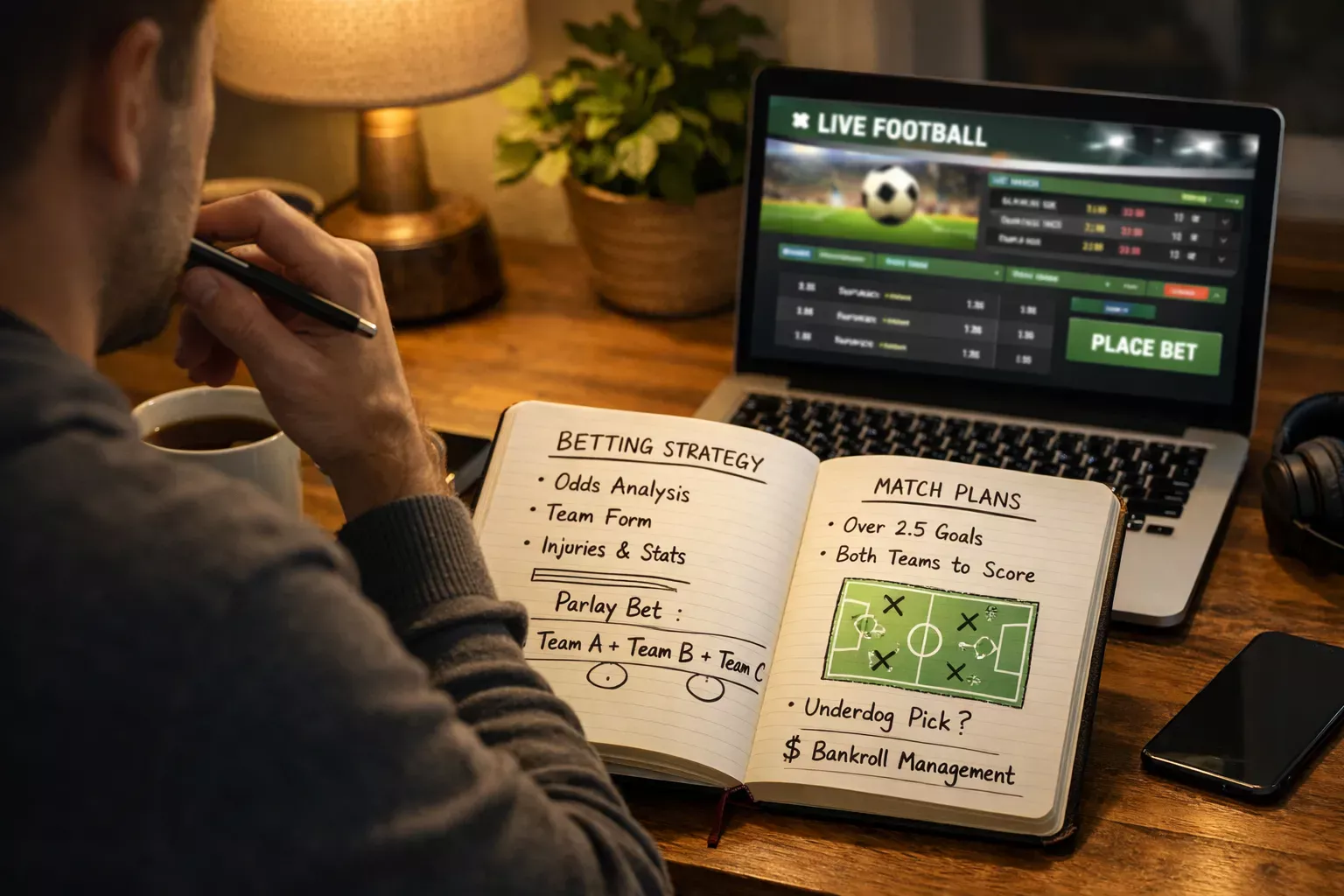 Persona planificando estrategias de apuestas con notas y un portátil