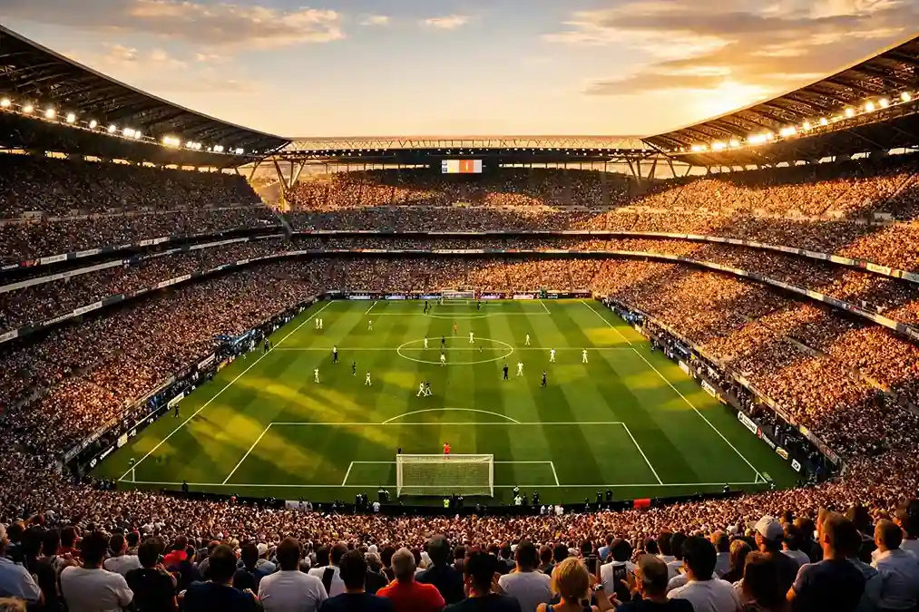 Vista panorámica de un partido de fútbol en un estadio lleno de aficionados