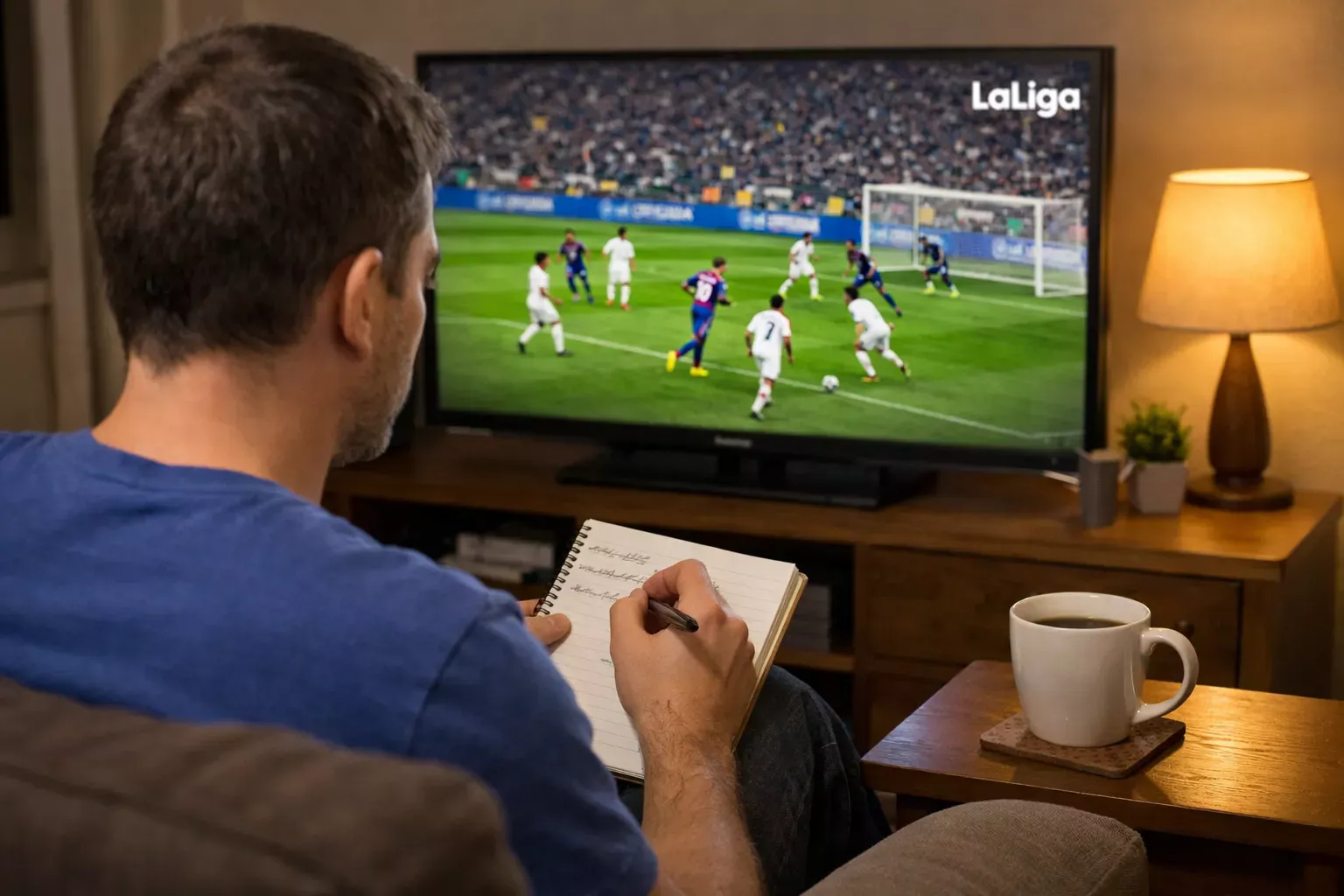 Aficionado viendo un partido de fútbol en televisión y tomando notas