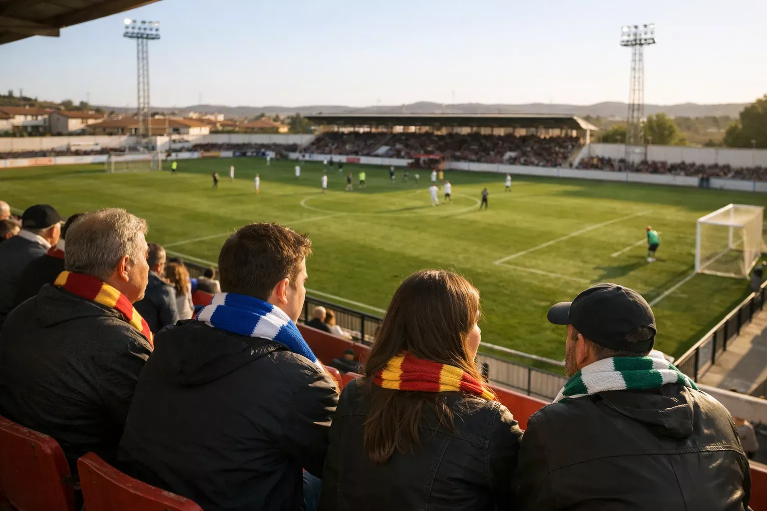 Campo de fútbol de un estadio pequeño visto desde las gradas con aficionados locales