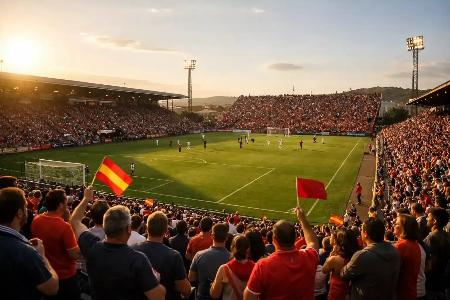 Estadio de fútbol modesto de un equipo pequeño de La Liga con aficionados locales