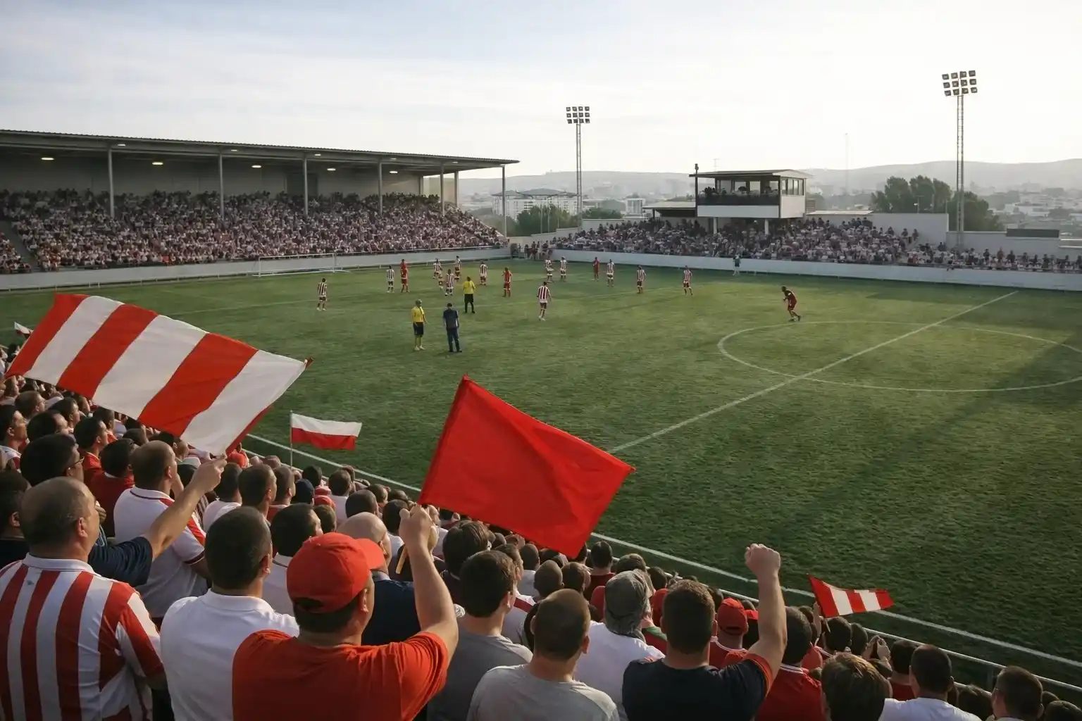 Estadio de fútbol modesto con aficionados apoyando a su equipo local