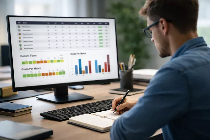 Persona analizando datos de fútbol en una pantalla de ordenador