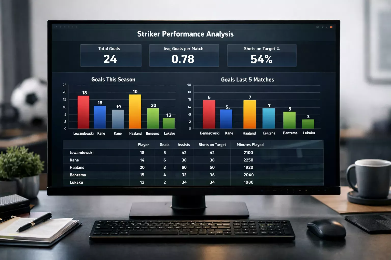 Pantalla mostrando estadísticas de goleadores con gráficos de rendimiento