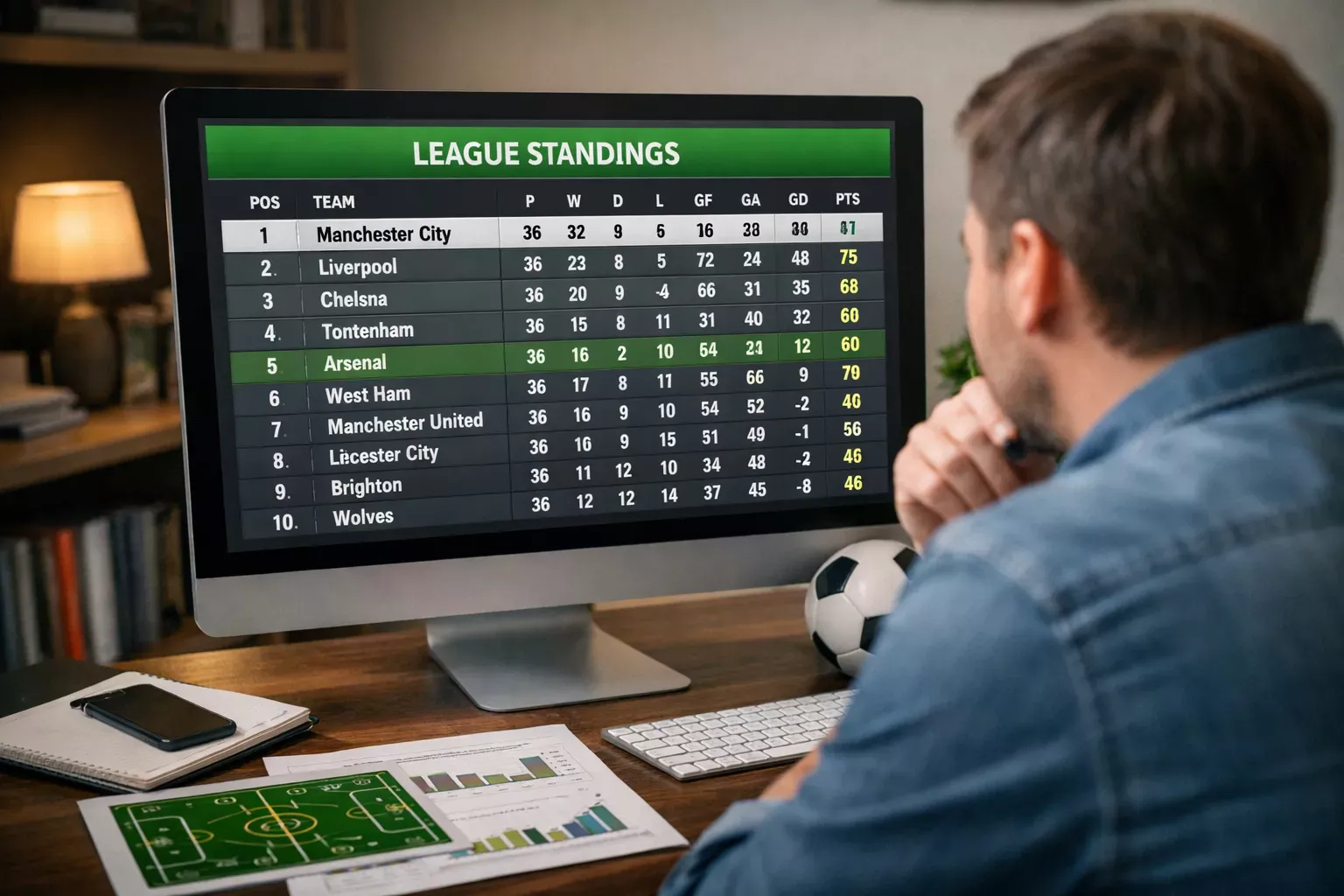 Persona analizando datos de clasificación de fútbol en una pantalla de ordenador