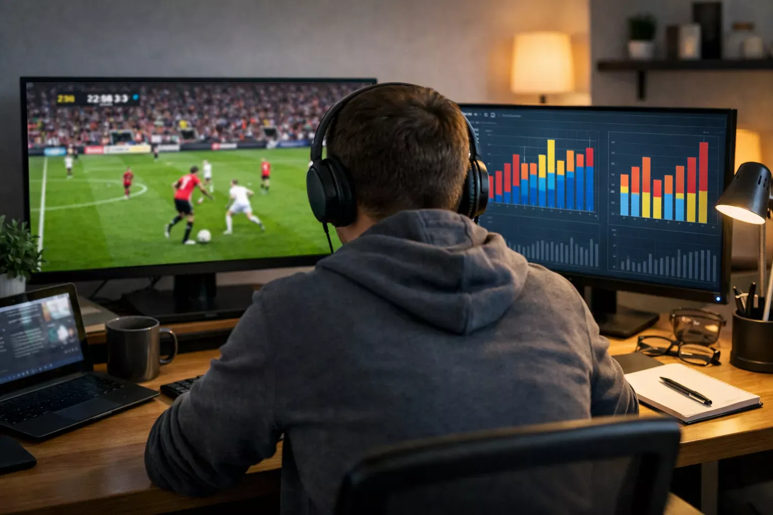 Persona concentrada analizando un partido de fútbol en múltiples pantallas