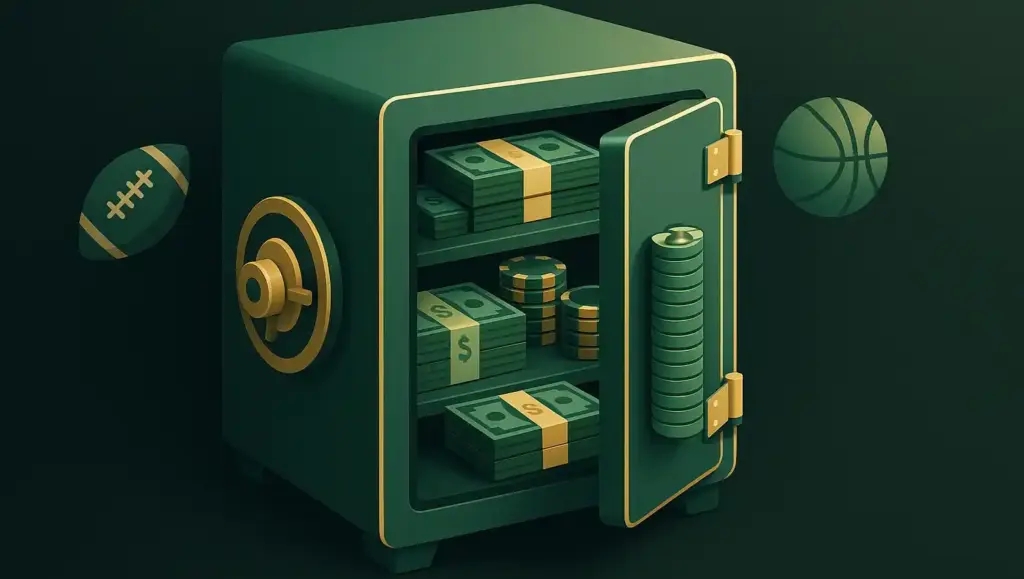 Gestión profesional de bankroll en apuestas deportivas con dinero organizado y elementos deportivos
