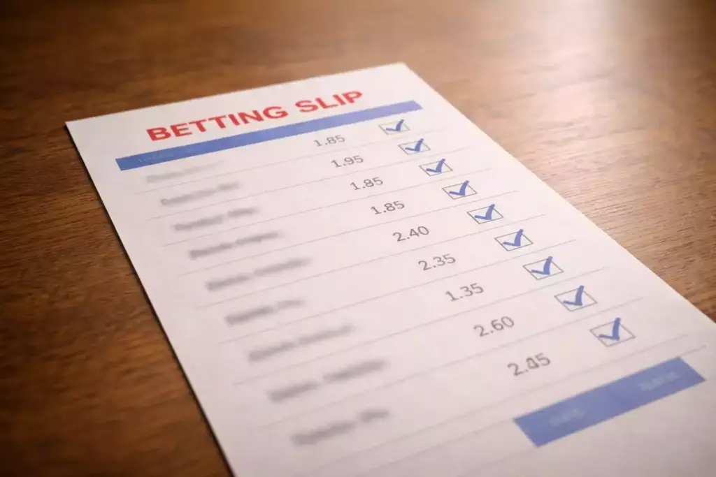 Boleto de apuestas con múltiples selecciones marcadas sobre una mesa