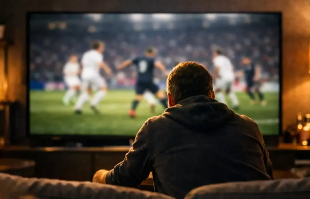 Aficionado viendo un partido de fútbol en directo en una pantalla grande de televisión