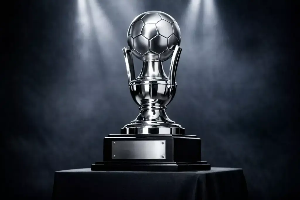 Trofeo de La Liga sobre un pedestal con iluminación dramática
