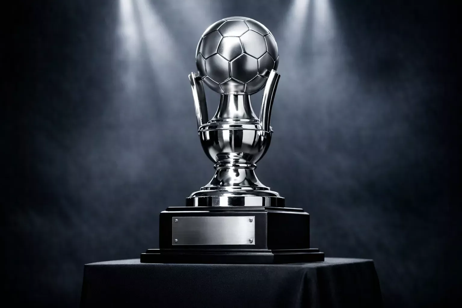 Trofeo de La Liga sobre un pedestal con iluminación dramática