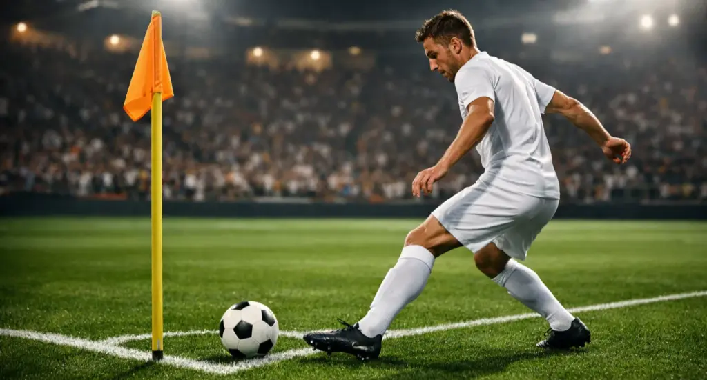 Jugador ejecutando un saque de esquina en un estadio de fútbol profesional