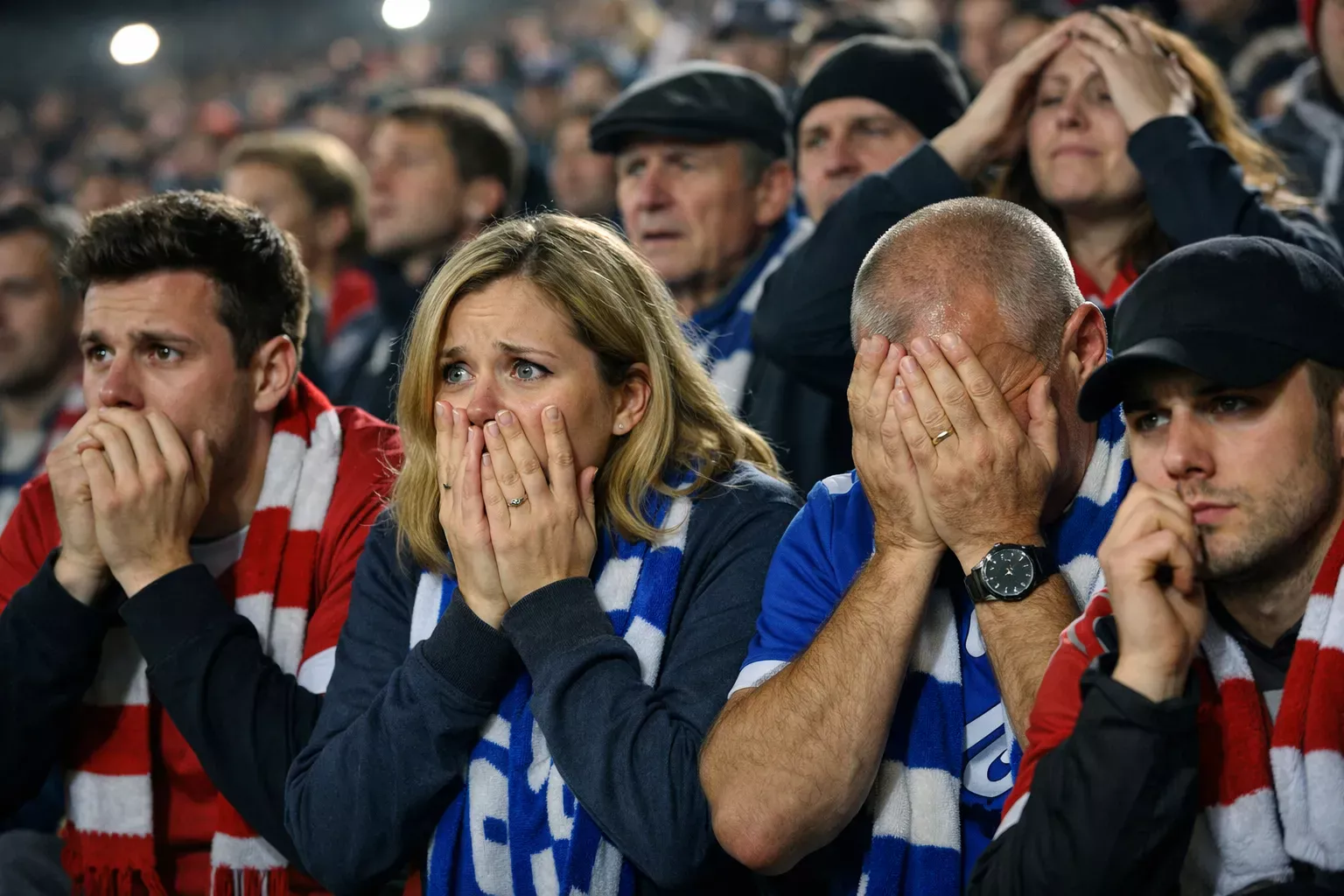 Aficionados de fútbol en las gradas mostrando preocupación durante un partido tenso
