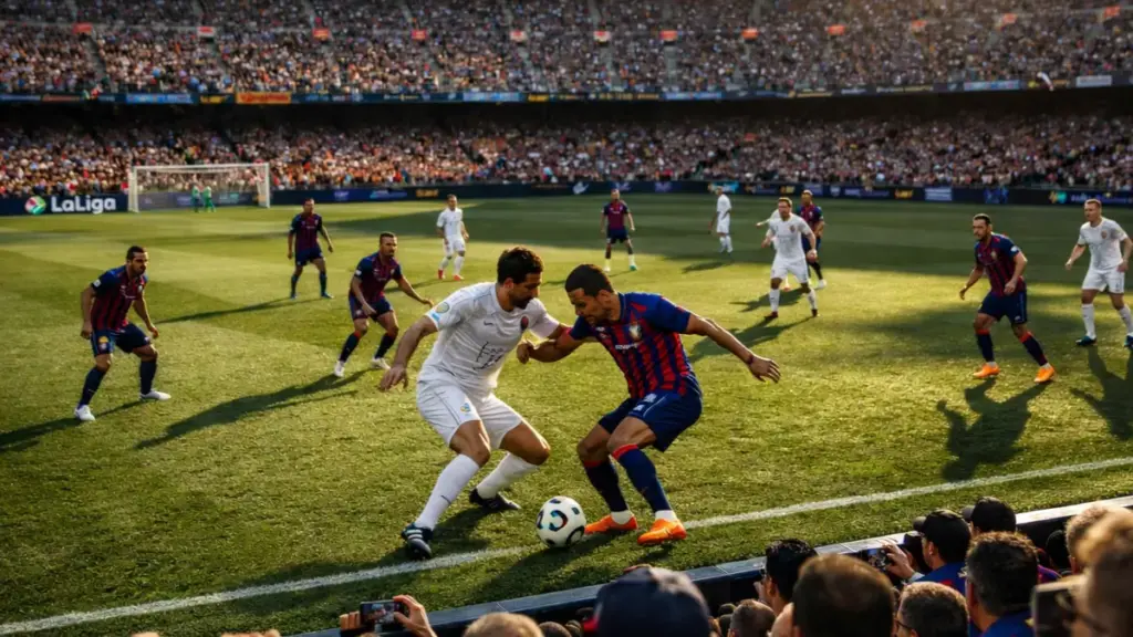 Campo de fútbol profesional visto desde la grada con dos equipos disputando el balón