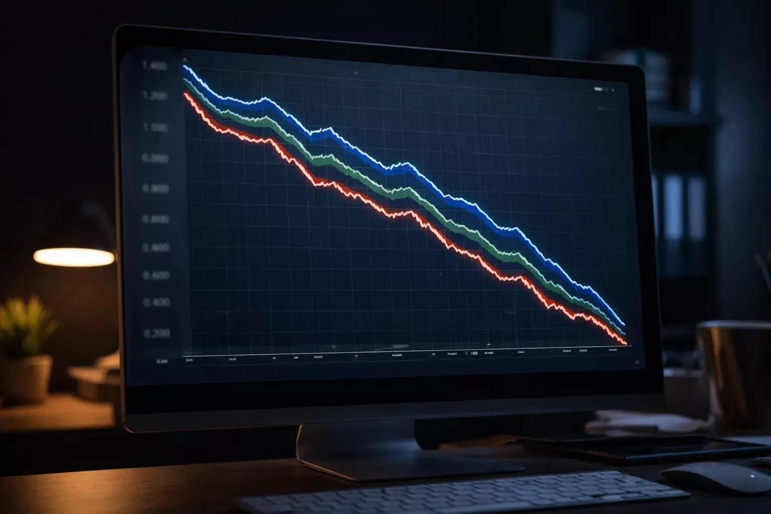 Pantalla de ordenador mostrando gráficos de líneas descendentes representando cuotas
