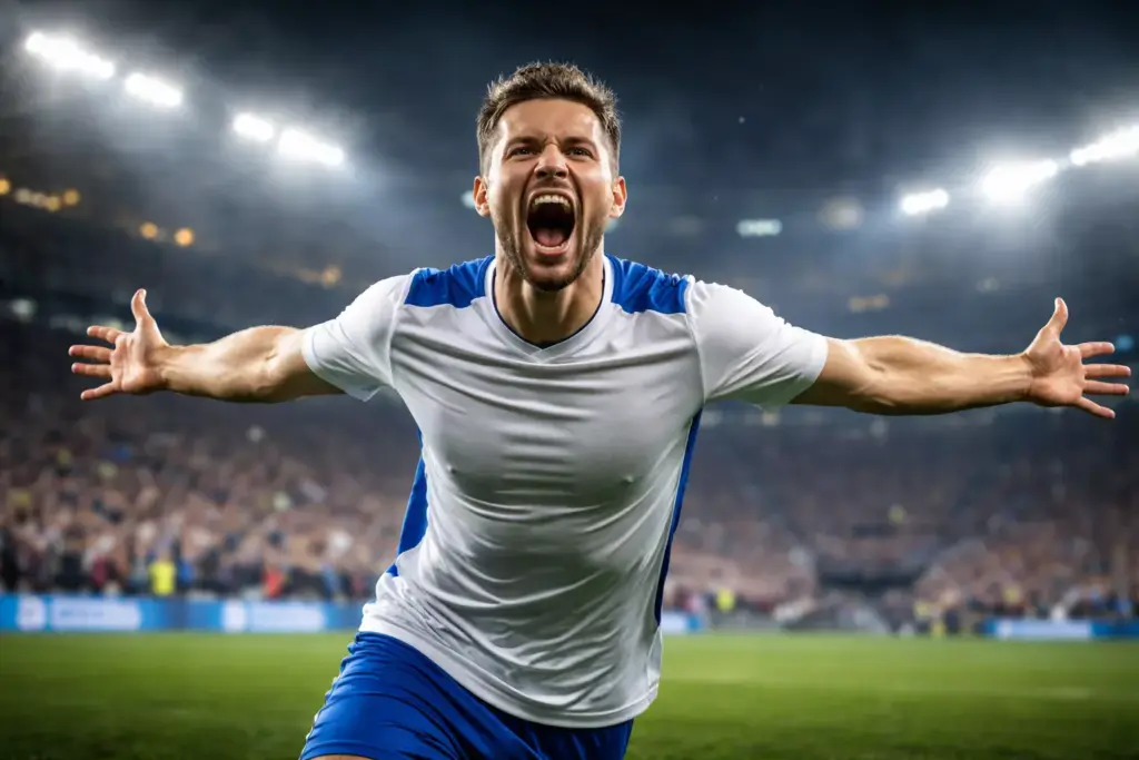 Delantero celebrando un gol con los brazos abiertos en un estadio de fútbol