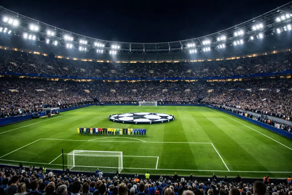 Estadio de fútbol iluminado para un partido de competición europea nocturno