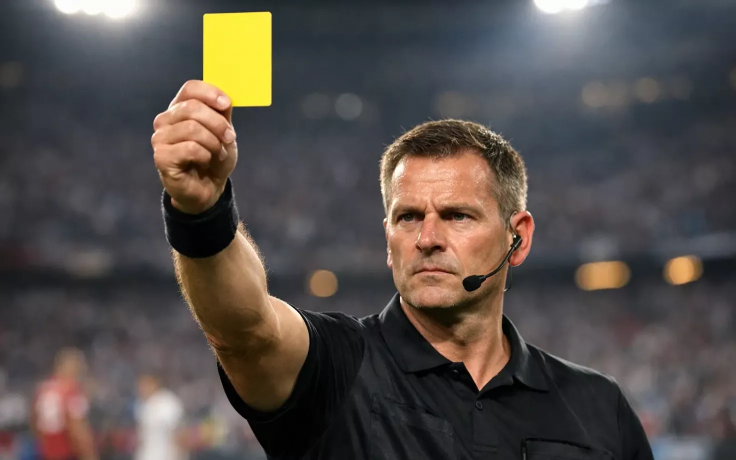 Árbitro de fútbol mostrando una tarjeta amarilla durante un partido profesional