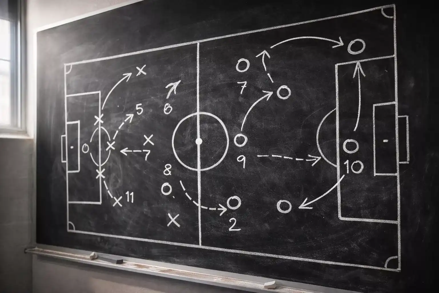 Pizarra con diagramas tácticos de fútbol y anotaciones numéricas