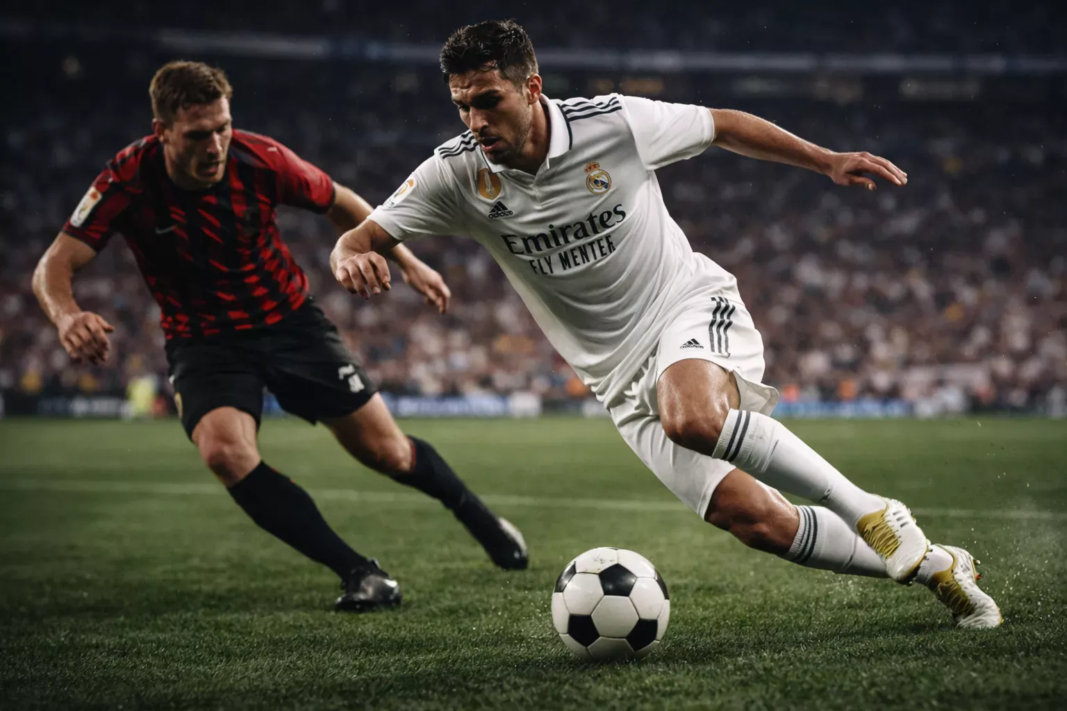 Jugador del Real Madrid regateando con el balón durante un partido