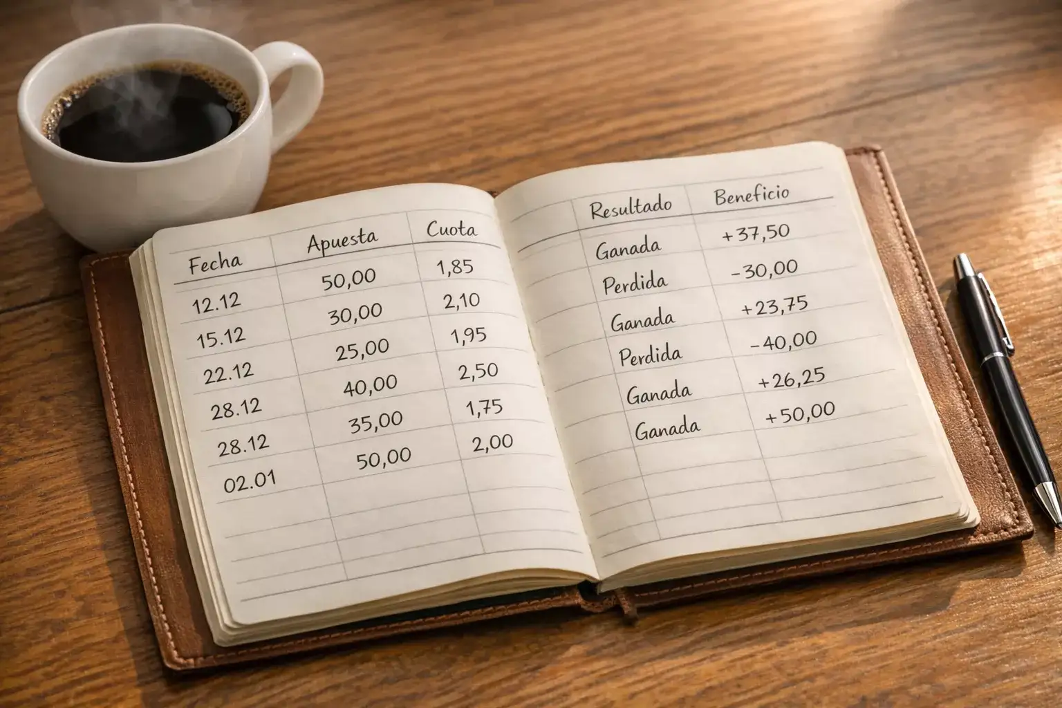 Mesa de trabajo con un cuaderno de registros abierto y una taza de café