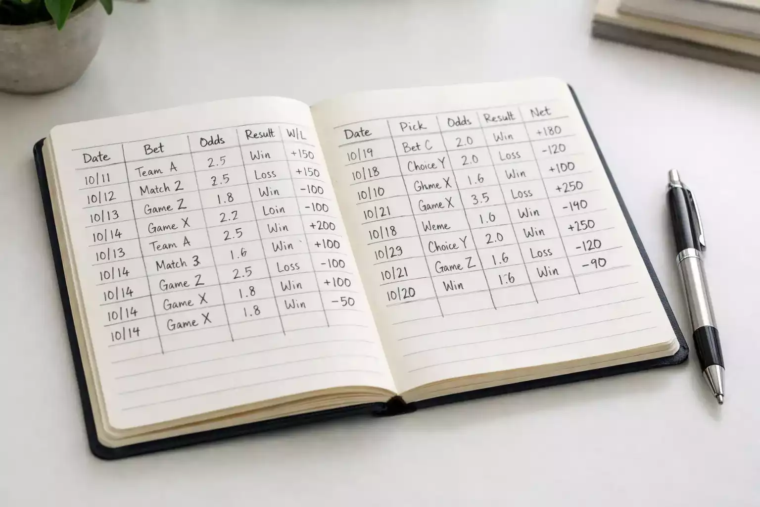 Cuaderno con registros de apuestas y un bolígrafo sobre un escritorio