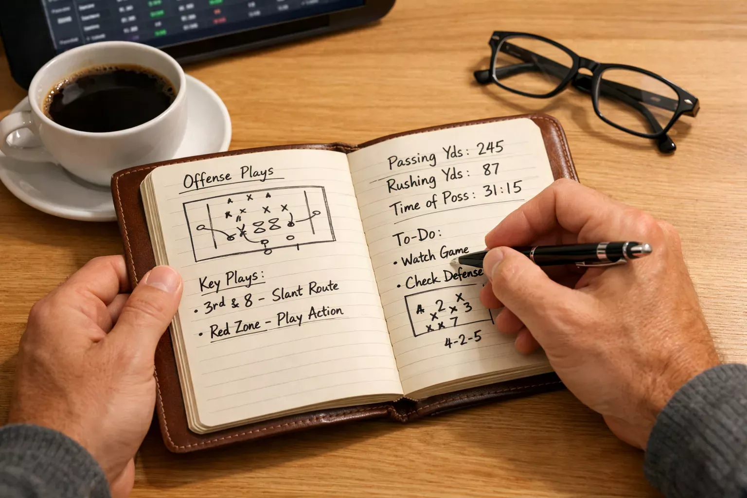 Persona tomando notas mientras analiza datos de fútbol en una libreta