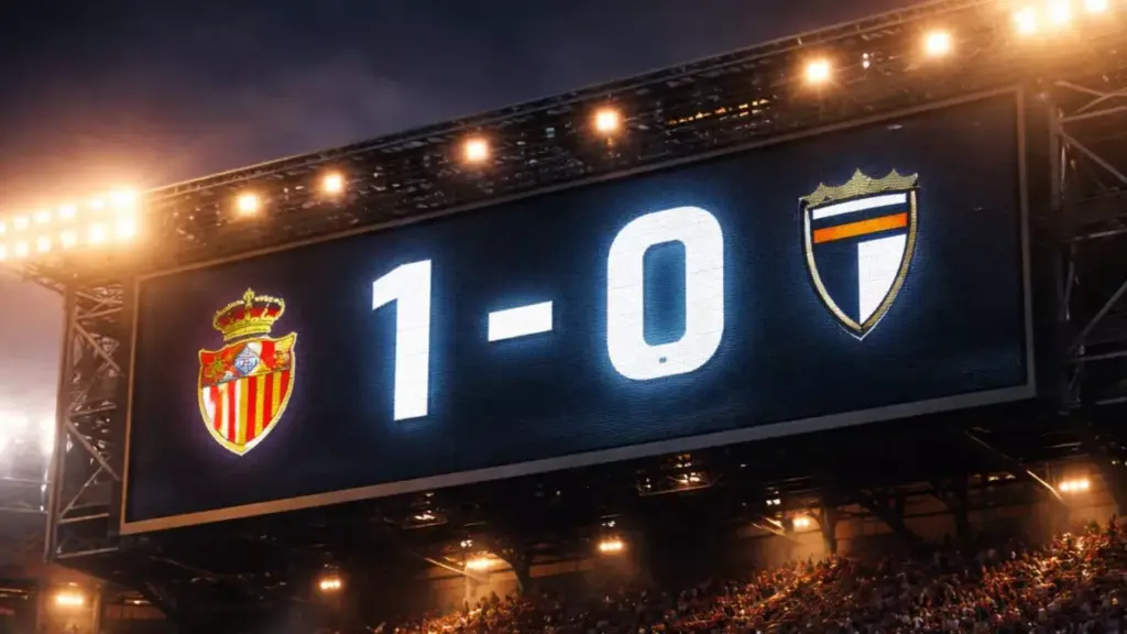 Marcador de estadio de fútbol mostrando un resultado de partido